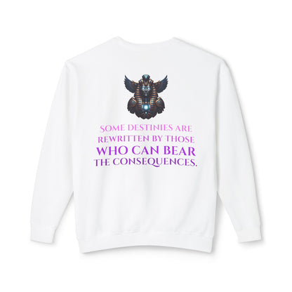The Hidden Sigil Crewneck Sweatshirt — Mythic Bird Mask Graphic, "Some Destinies Are Rewritten..." Back Quote