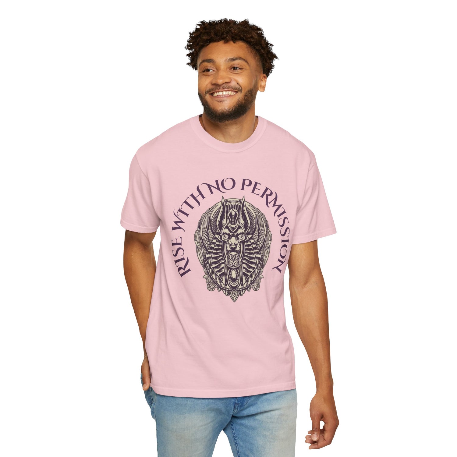Rise With No Permission T-Shirt — Anubis Helmet Graphic Tee (“Your Song Is Your Spell”)