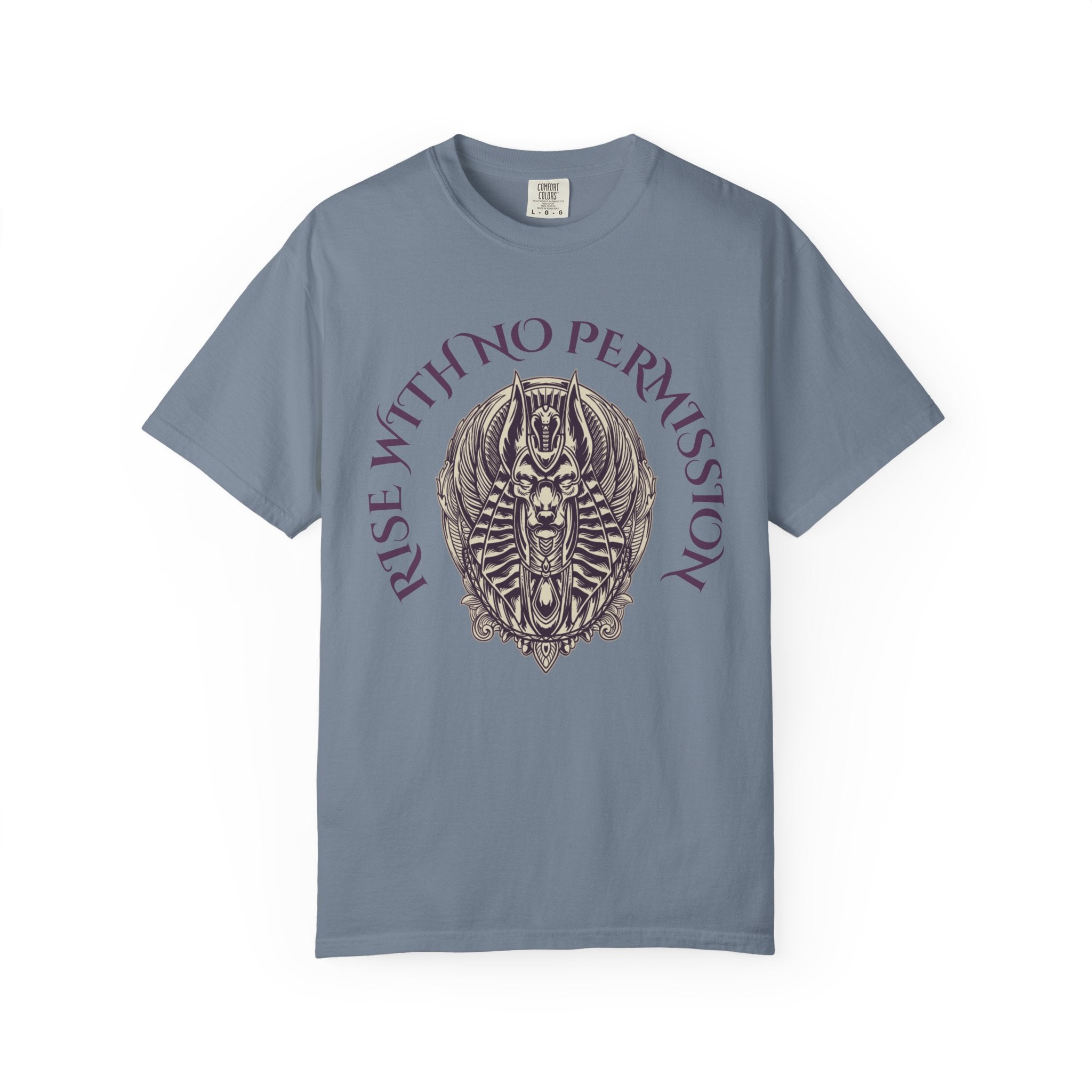 Rise With No Permission T-Shirt — Anubis Helmet Graphic Tee (“Your Song Is Your Spell”)