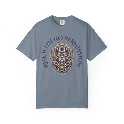 Rise With No Permission T-Shirt — Anubis Helmet Graphic Tee (“Your Song Is Your Spell”)