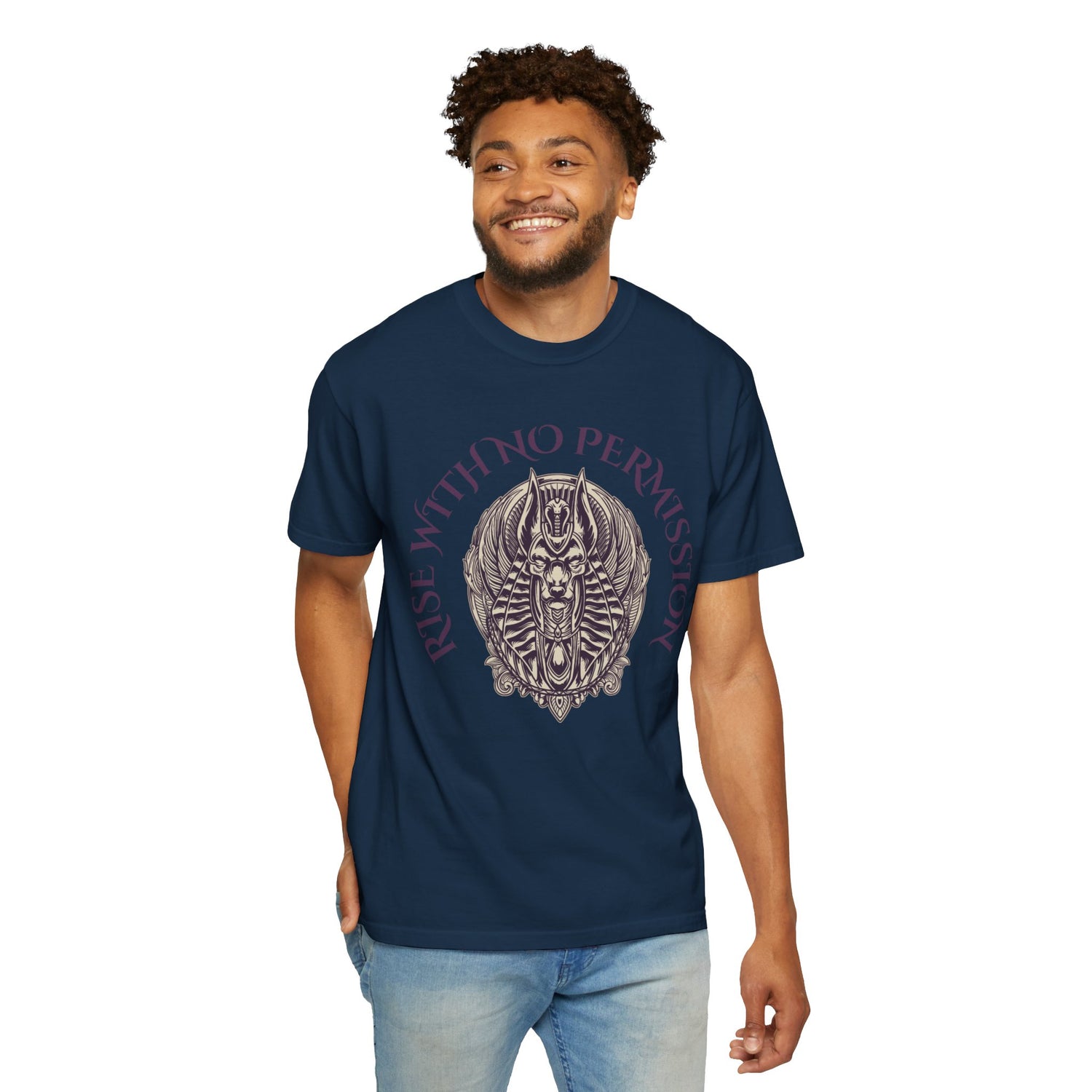 Rise With No Permission T-Shirt — Anubis Helmet Graphic Tee (“Your Song Is Your Spell”)