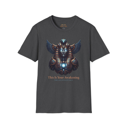Egyptian Pharaoh Chest &amp; Serpent Back T-Shirt — "This Is Your Awakening / Endless Power"