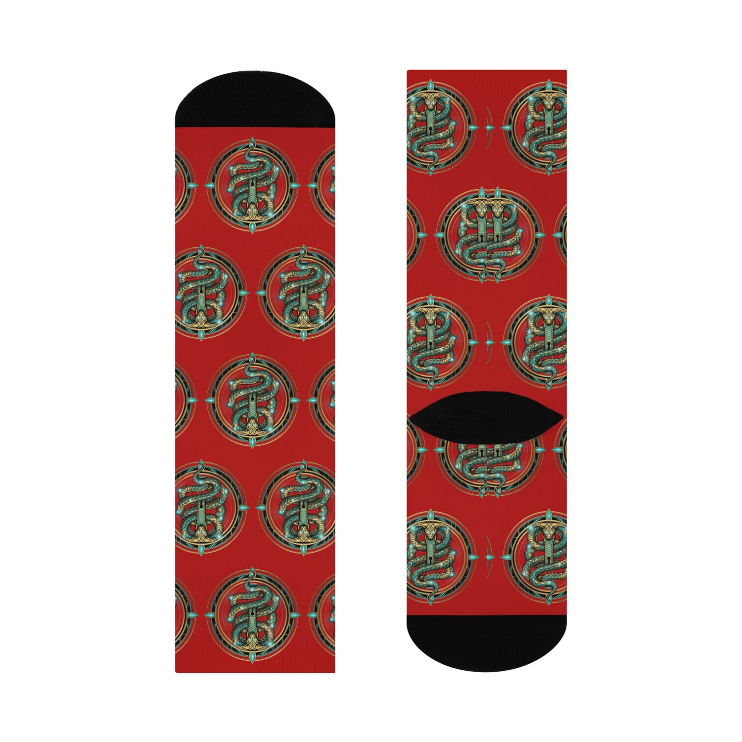 Slytherin Crest Cushioned Crew Socks — Hogwarts House Green Snake on Burgundy
