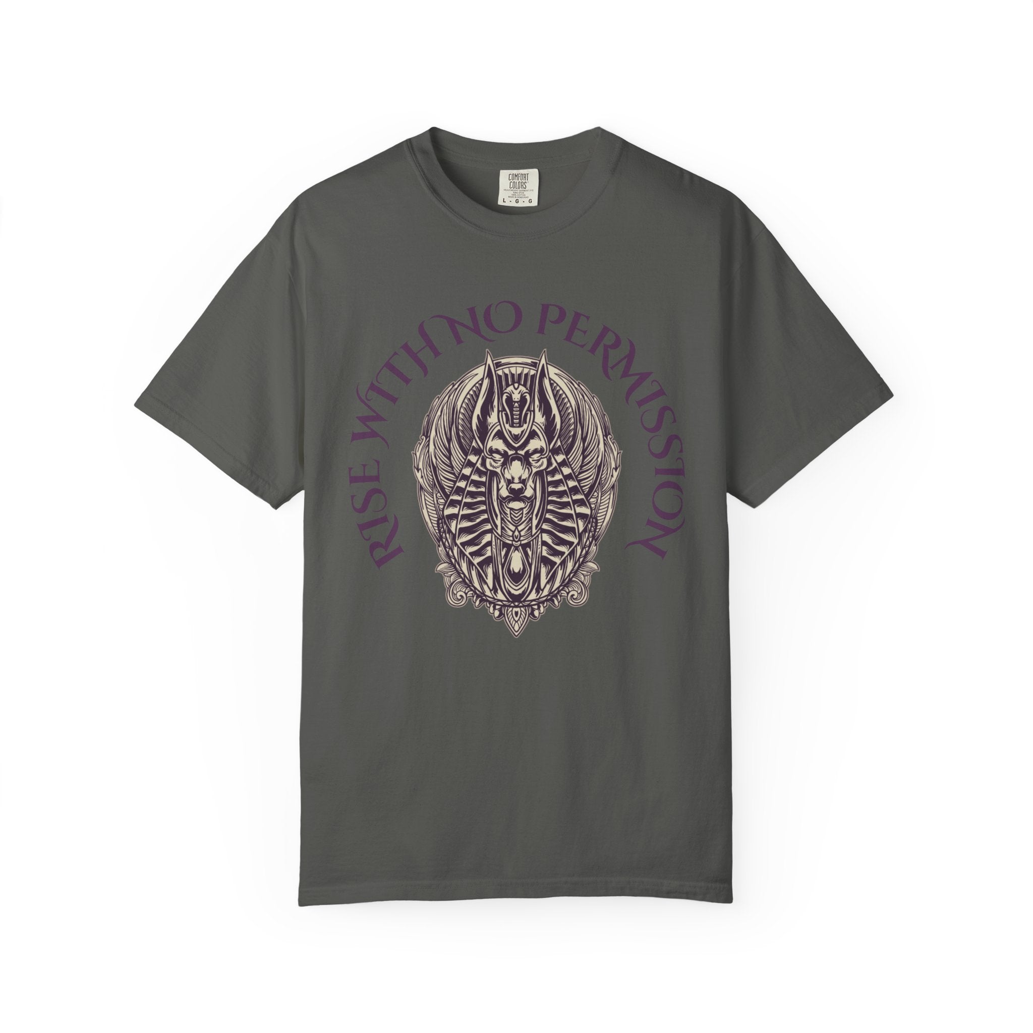 Rise With No Permission T-Shirt — Anubis Helmet Graphic Tee (“Your Song Is Your Spell”)