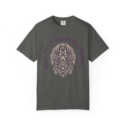 Rise With No Permission T-Shirt — Anubis Helmet Graphic Tee (“Your Song Is Your Spell”)