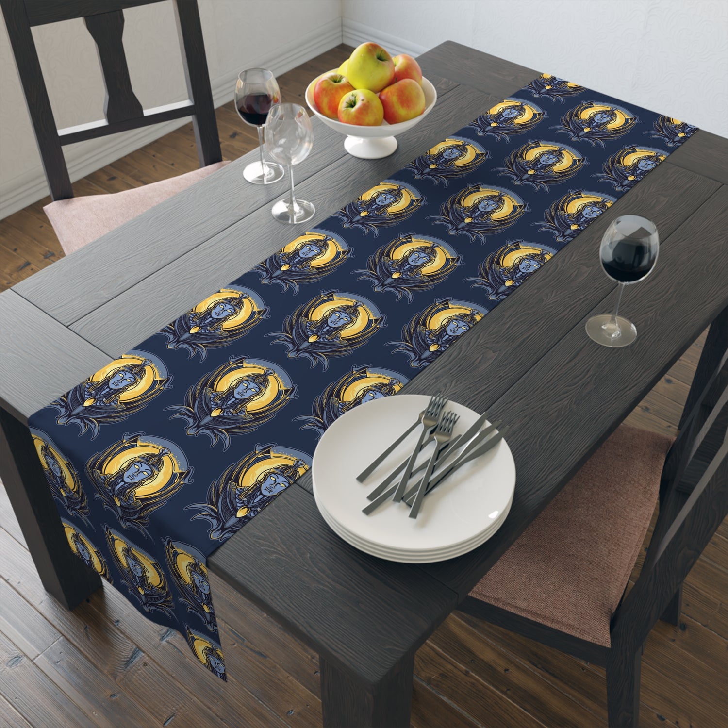 Art Nouveau Moon &amp; Owl Table Runner — Night Sky Decorative Linen