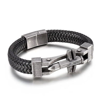 Black Leather &amp; Steel Bracelet 316L Stainless Steel Clasp | Structured Men’s Wristband