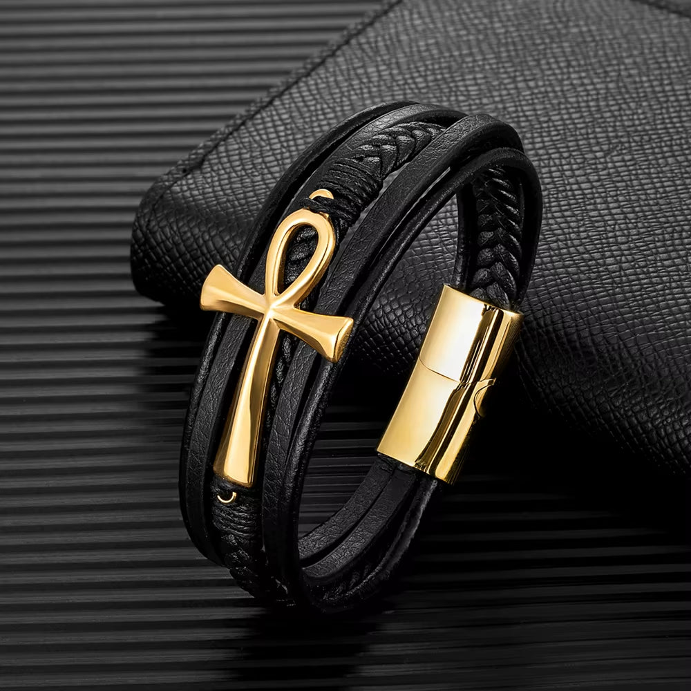 Multilayer Leather Ankh Bracelet 316L Steel Detail | Magnetic Clasp