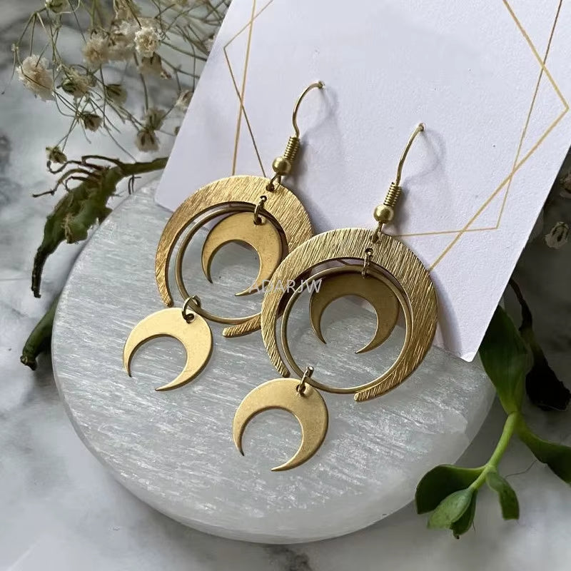 Celestial Crescent Drop Earrings Sun &amp; Moon Brass Statement