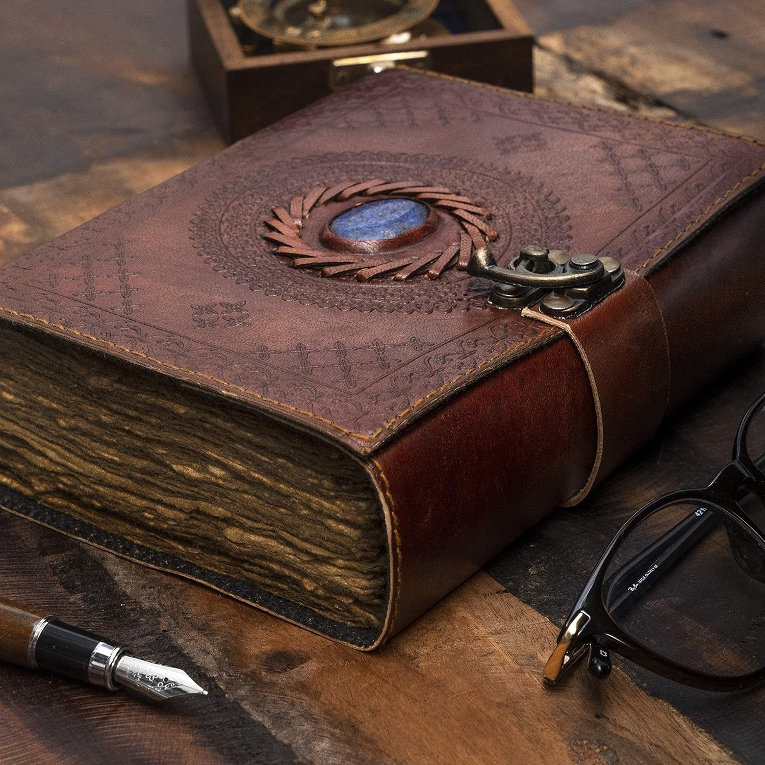 Vintage Leather Journal with Semi-Precious Stone Lock Closure • 240 Deckled Pages • 7 × 5 Inches