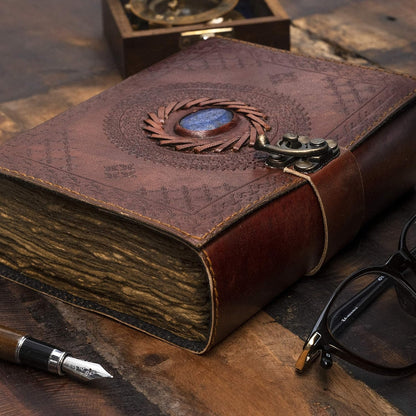 Vintage Leather Journal with Semi-Precious Stone Lock Closure • 240 Deckled Pages • 7 × 5 Inches