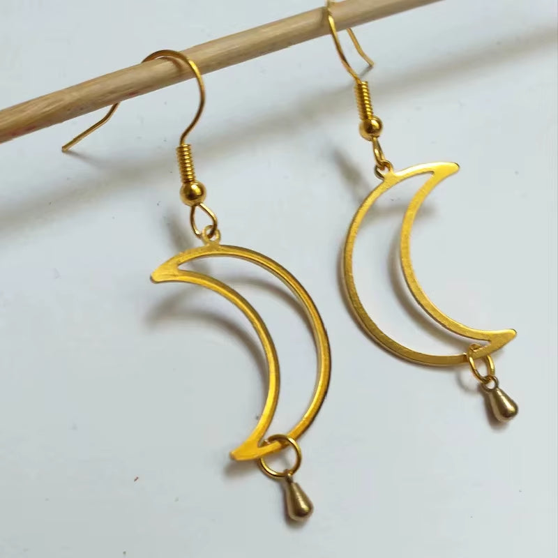 Celestial Crescent Drop Earrings Sun &amp; Moon Brass Statement