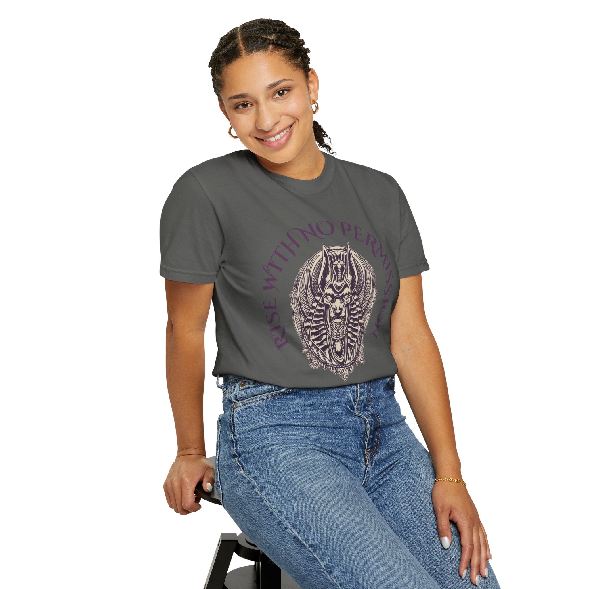 Rise With No Permission T-Shirt — Anubis Helmet Graphic Tee (“Your Song Is Your Spell”)