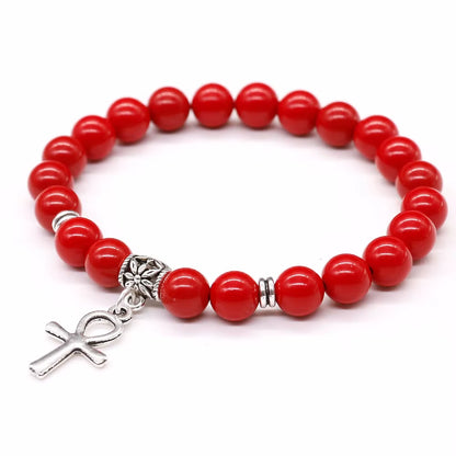 Cinnabar &amp; Tridacna Ankh Bracelet 8mm Natural Stone Beads | 19cm