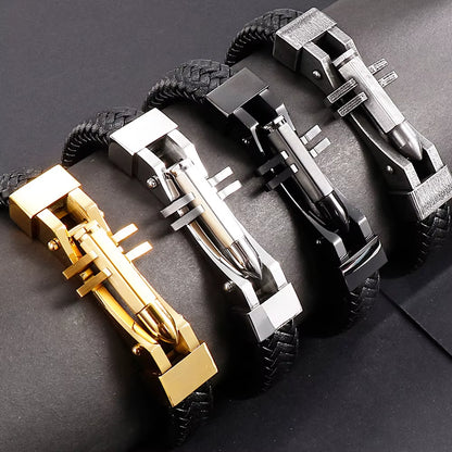 Black Leather &amp; Steel Bracelet 316L Stainless Steel Clasp | Structured Men’s Wristband