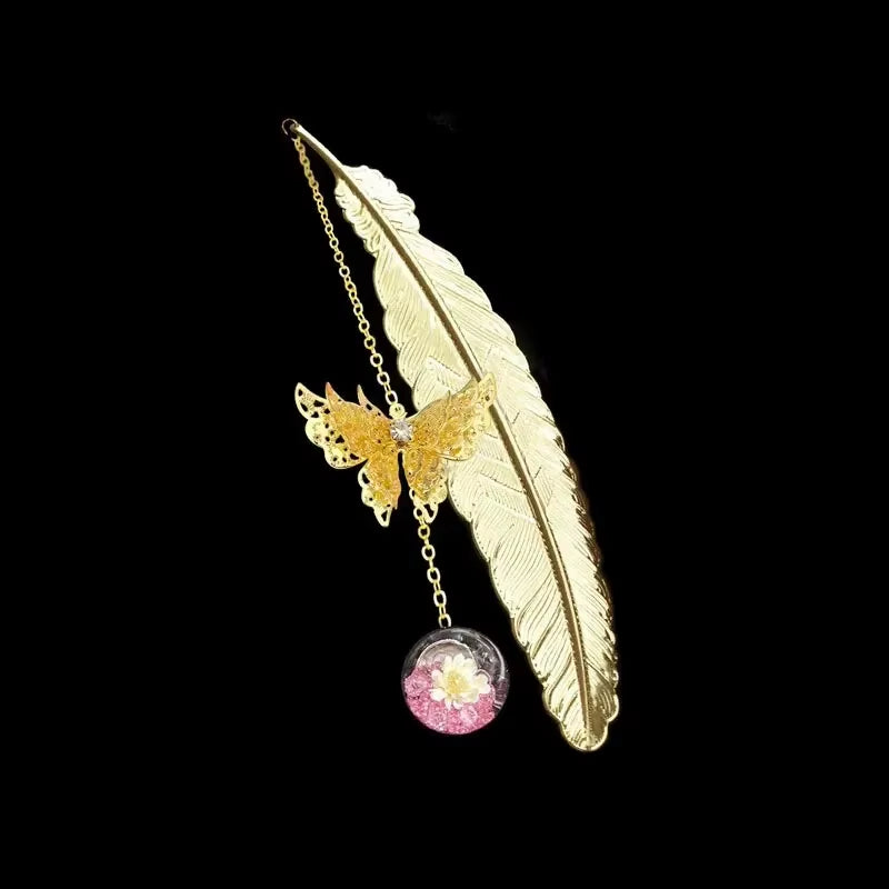 Metal Feather Bookmark with Butterfly &amp; Dried Flower Pendant