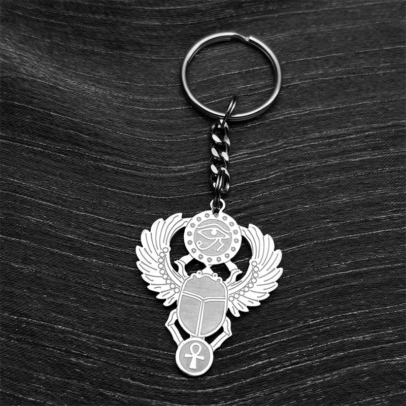 Scarab &amp; Solar Eye Pendant Necklace Gold-Tone Stainless Steel with Ankh Detail (Unisex)