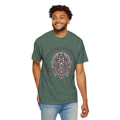 Rise With No Permission T-Shirt — Anubis Helmet Graphic Tee (“Your Song Is Your Spell”)