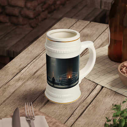 Cyberpunk Beer Stein Mug — Futuristic Electric City Scene
