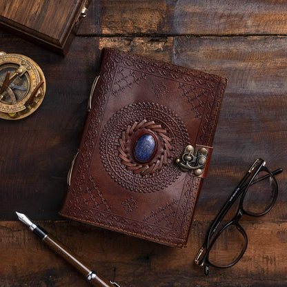 Vintage Leather Journal with Semi-Precious Stone Lock Closure • 240 Deckled Pages • 7 × 5 Inches