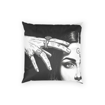 Mystic Portrait Velvet Pillow — Black &amp; White Occult Art Decorative Throw