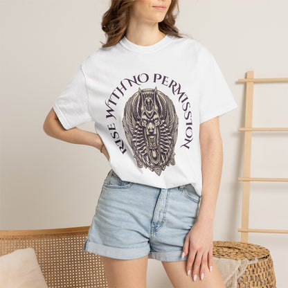 Rise With No Permission T-Shirt — Anubis Helmet Graphic Tee (“Your Song Is Your Spell”)