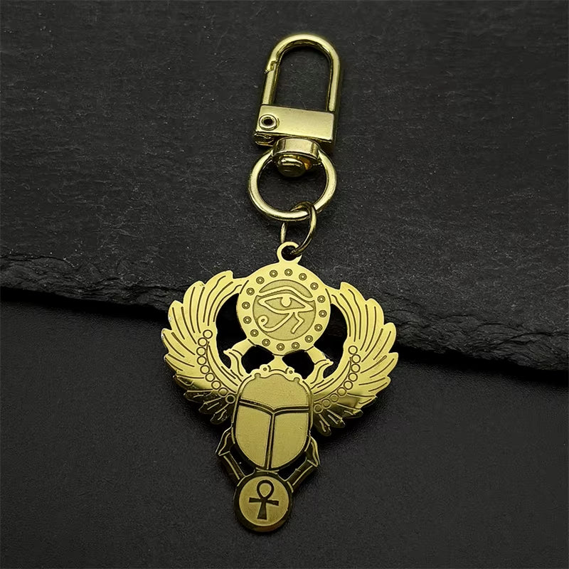 Scarab &amp; Solar Eye Pendant Necklace Gold-Tone Stainless Steel with Ankh Detail (Unisex)