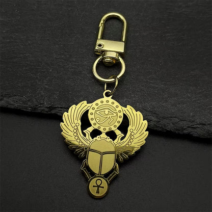 Scarab &amp; Solar Eye Pendant Necklace Gold-Tone Stainless Steel with Ankh Detail (Unisex)