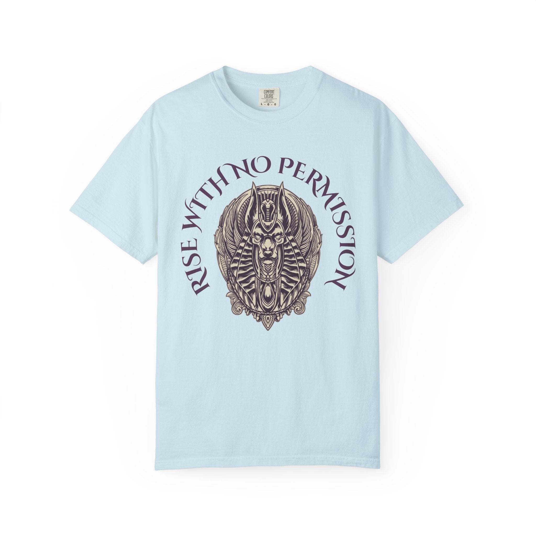 Rise With No Permission T-Shirt — Anubis Helmet Graphic Tee (“Your Song Is Your Spell”)