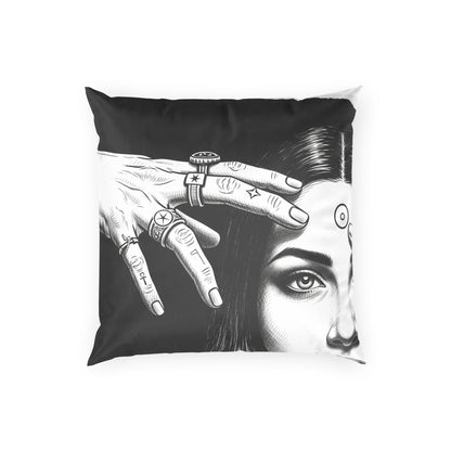 Mystic Portrait Velvet Pillow — Black &amp; White Occult Art Decorative Throw