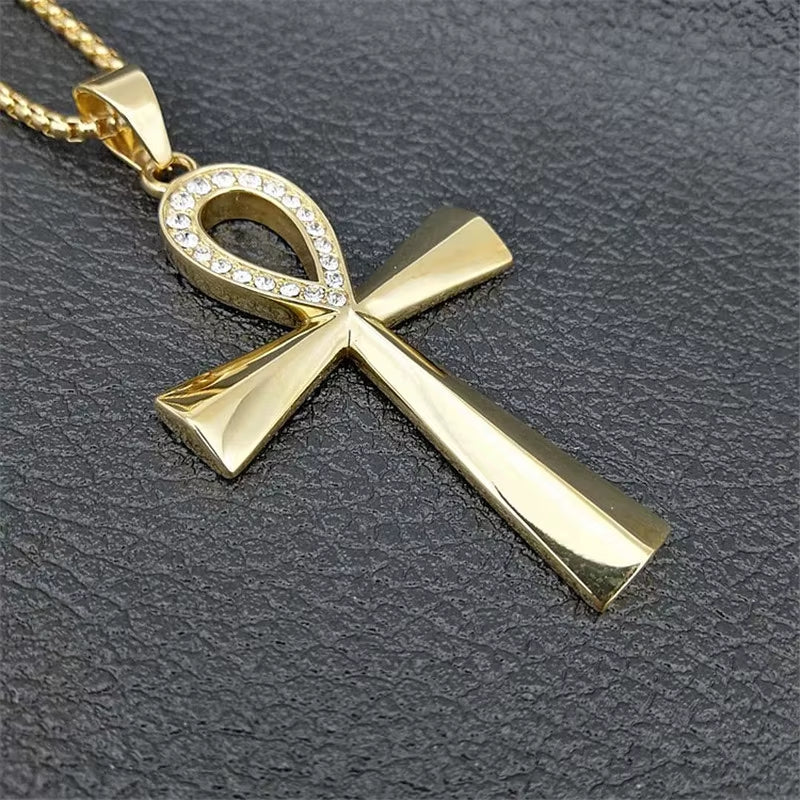 Iced Ankh Pendant Necklace Gold-Tone Stainless Steel Key of Life with Crystal Detailing