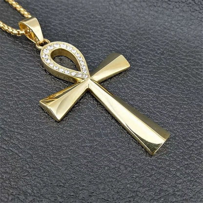 Iced Ankh Pendant Necklace Gold-Tone Stainless Steel Key of Life with Crystal Detailing