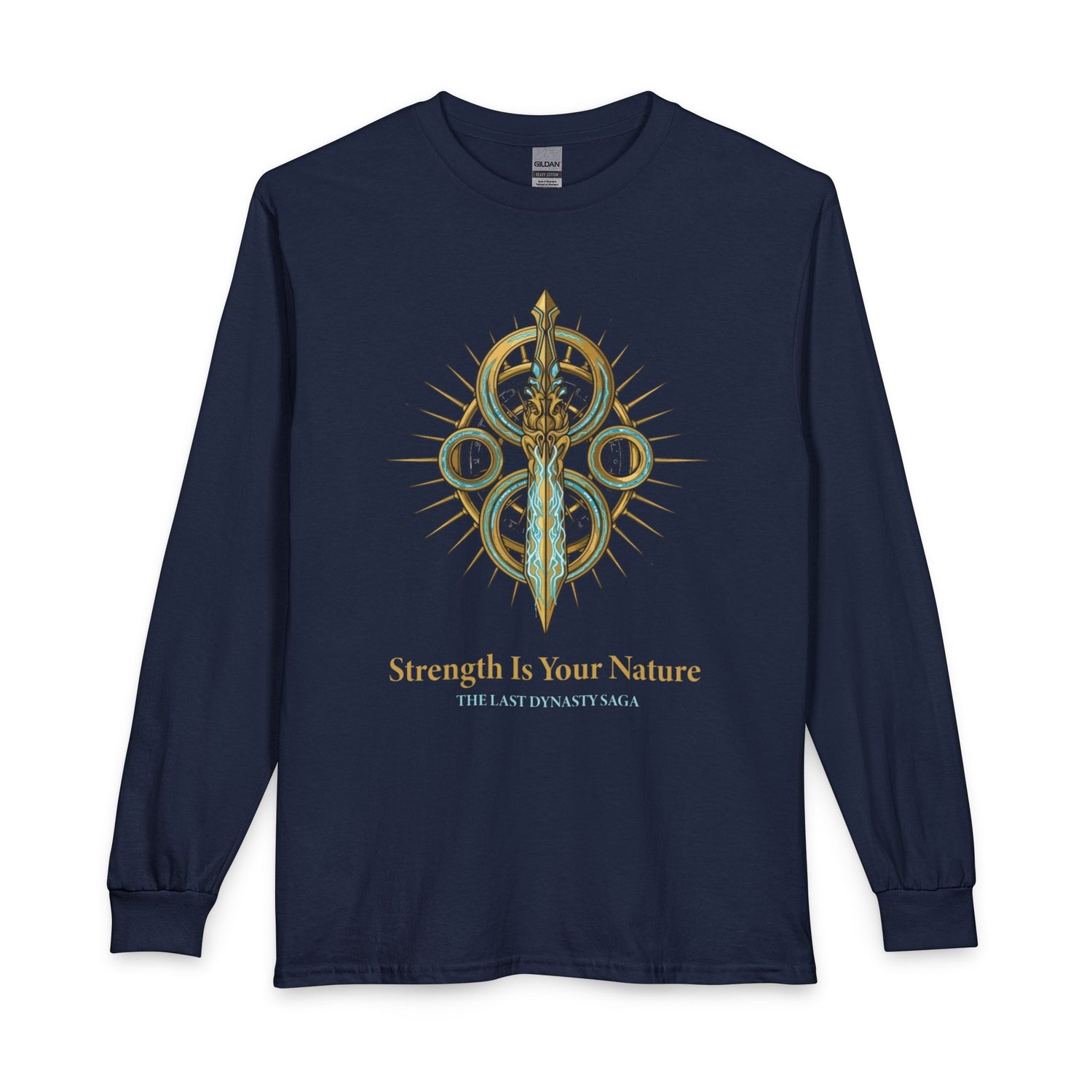 Strength Is Your Nature Long Sleeve Tee — Geometric Serpent Sword and Scarab Design