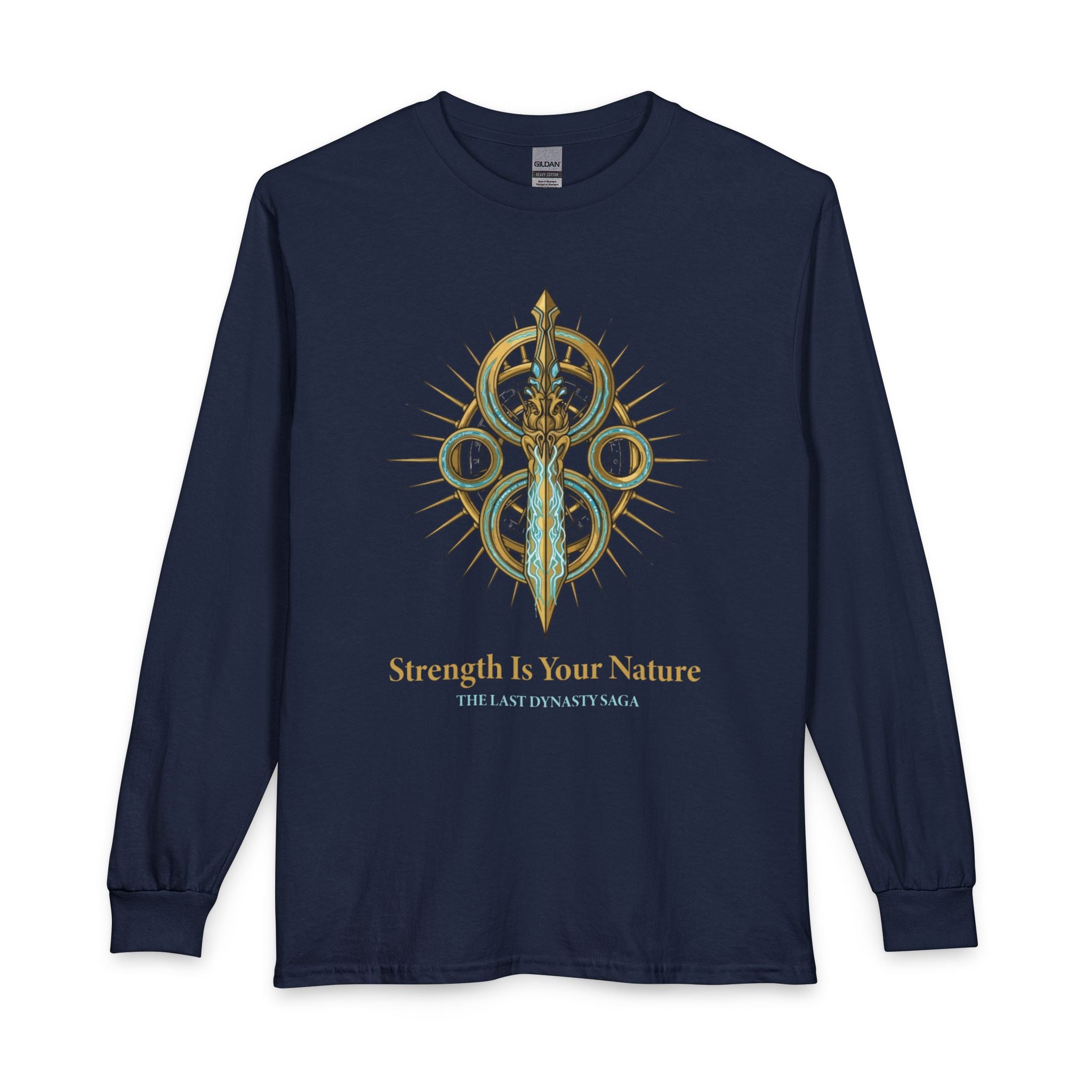 Strength Is Your Nature Long Sleeve Tee — Geometric Serpent Sword and Scarab Design