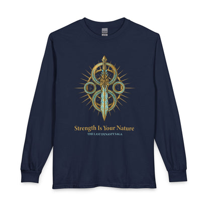 Strength Is Your Nature Long Sleeve Tee — Geometric Serpent Sword and Scarab Design