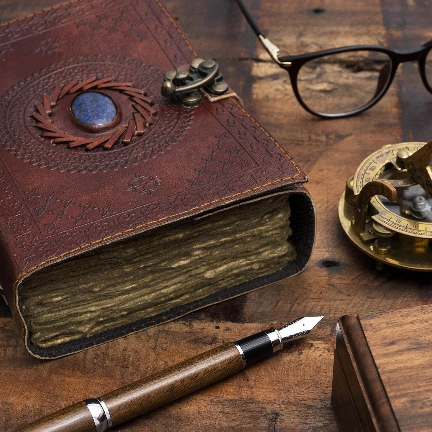 Vintage Leather Journal with Semi-Precious Stone Lock Closure • 240 Deckled Pages • 7 × 5 Inches