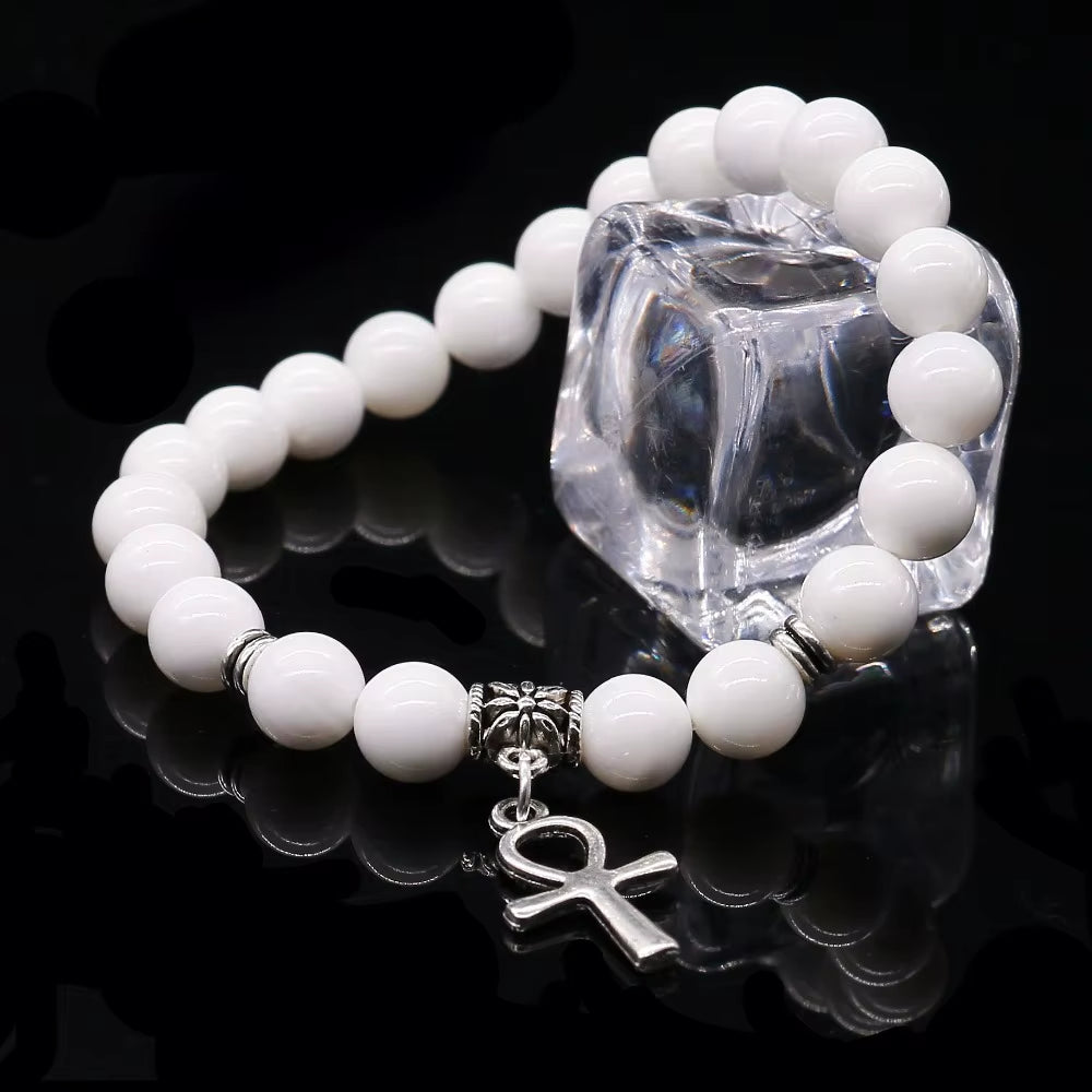 Cinnabar &amp; Tridacna Ankh Bracelet 8mm Natural Stone Beads | 19cm