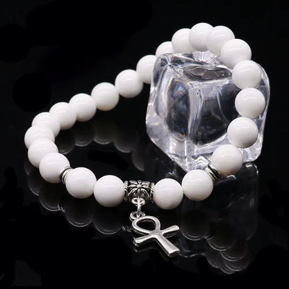 Cinnabar &amp; Tridacna Ankh Bracelet 8mm Natural Stone Beads | 19cm