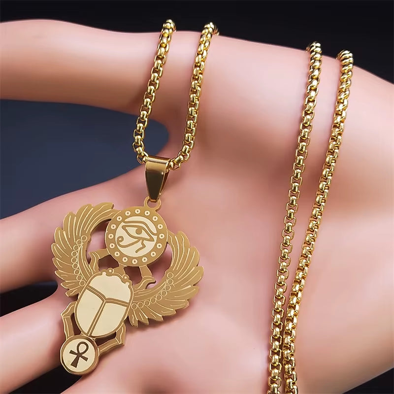 Scarab &amp; Solar Eye Pendant Necklace Gold-Tone Stainless Steel with Ankh Detail (Unisex)