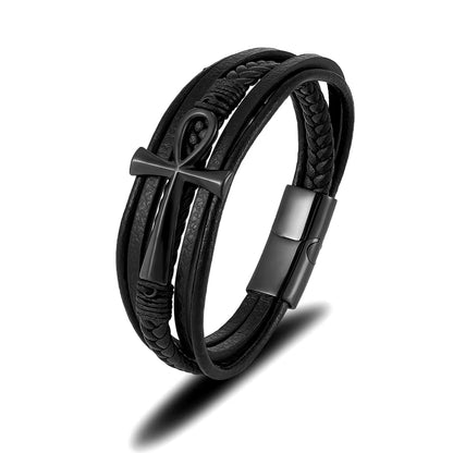 Multilayer Leather Ankh Bracelet 316L Steel Detail | Magnetic Clasp
