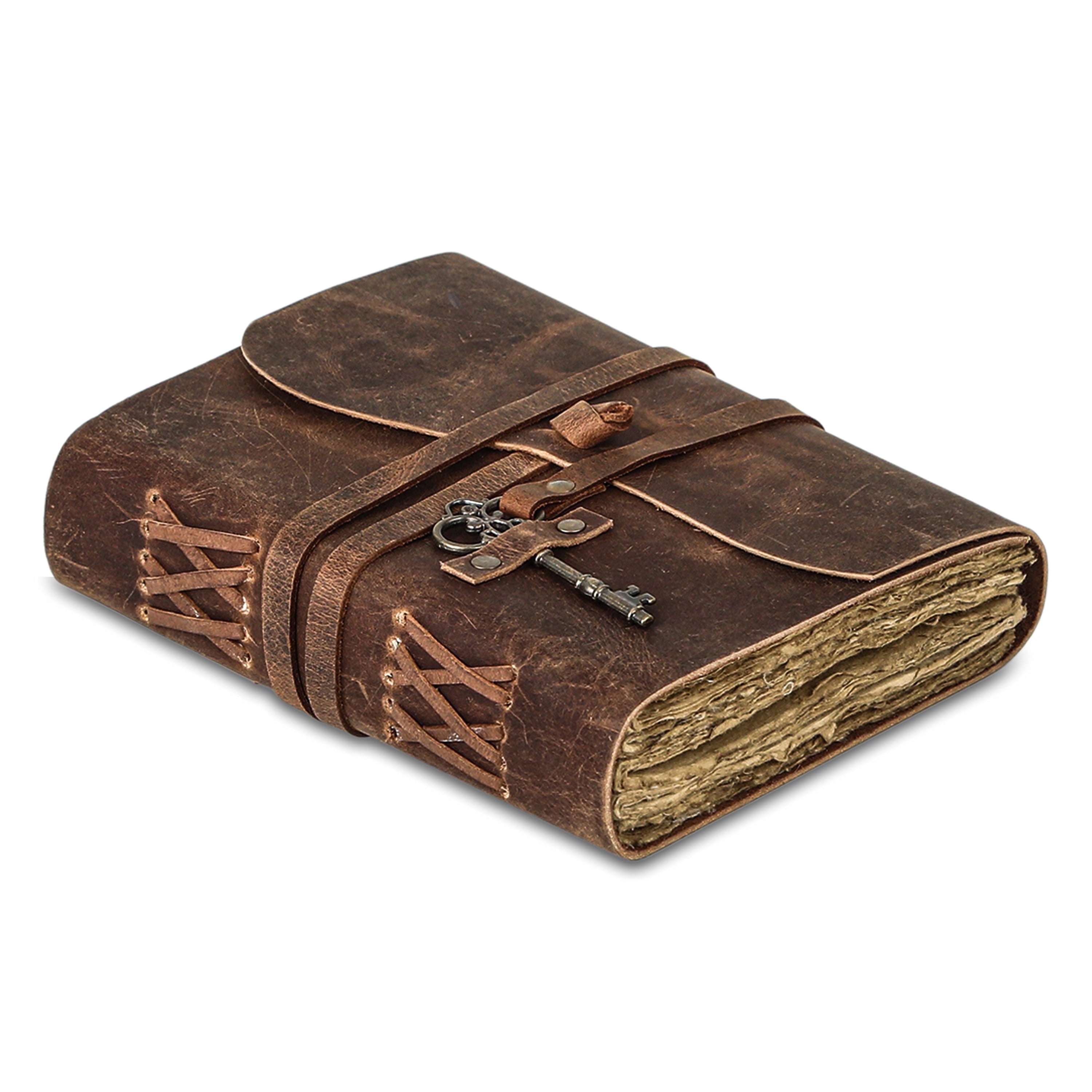  Vintage Leather Journal with Lined Deckle-Edge Paper &amp; Key Closure 8 × 6 Inches • 240 Pages • Handmade