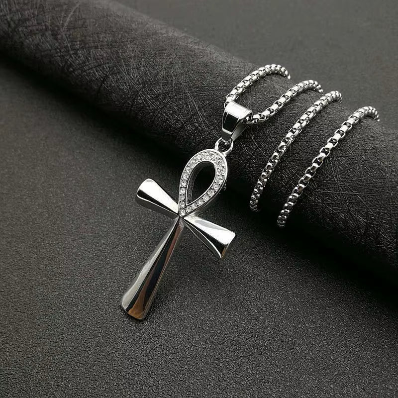 Iced Ankh Pendant Necklace Gold-Tone Stainless Steel Key of Life with Crystal Detailing