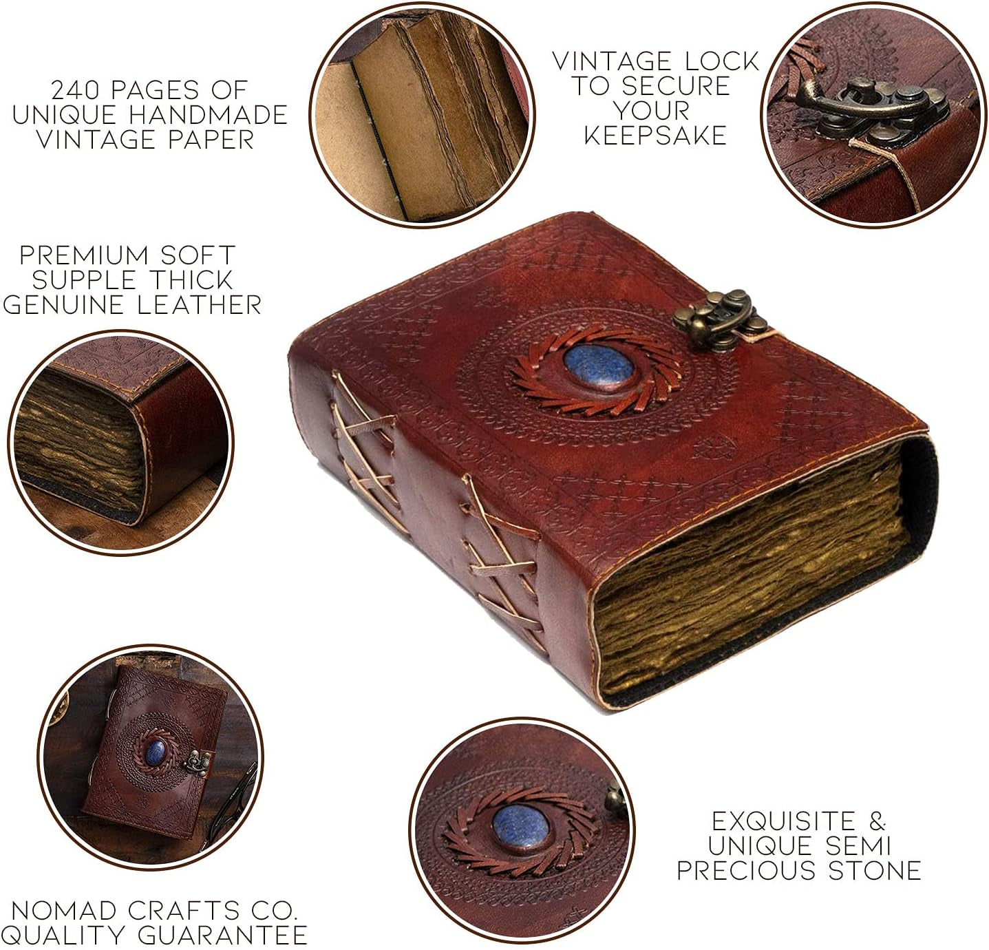 Vintage Leather Journal with Semi-Precious Stone Lock Closure • 240 Deckled Pages • 7 × 5 Inches