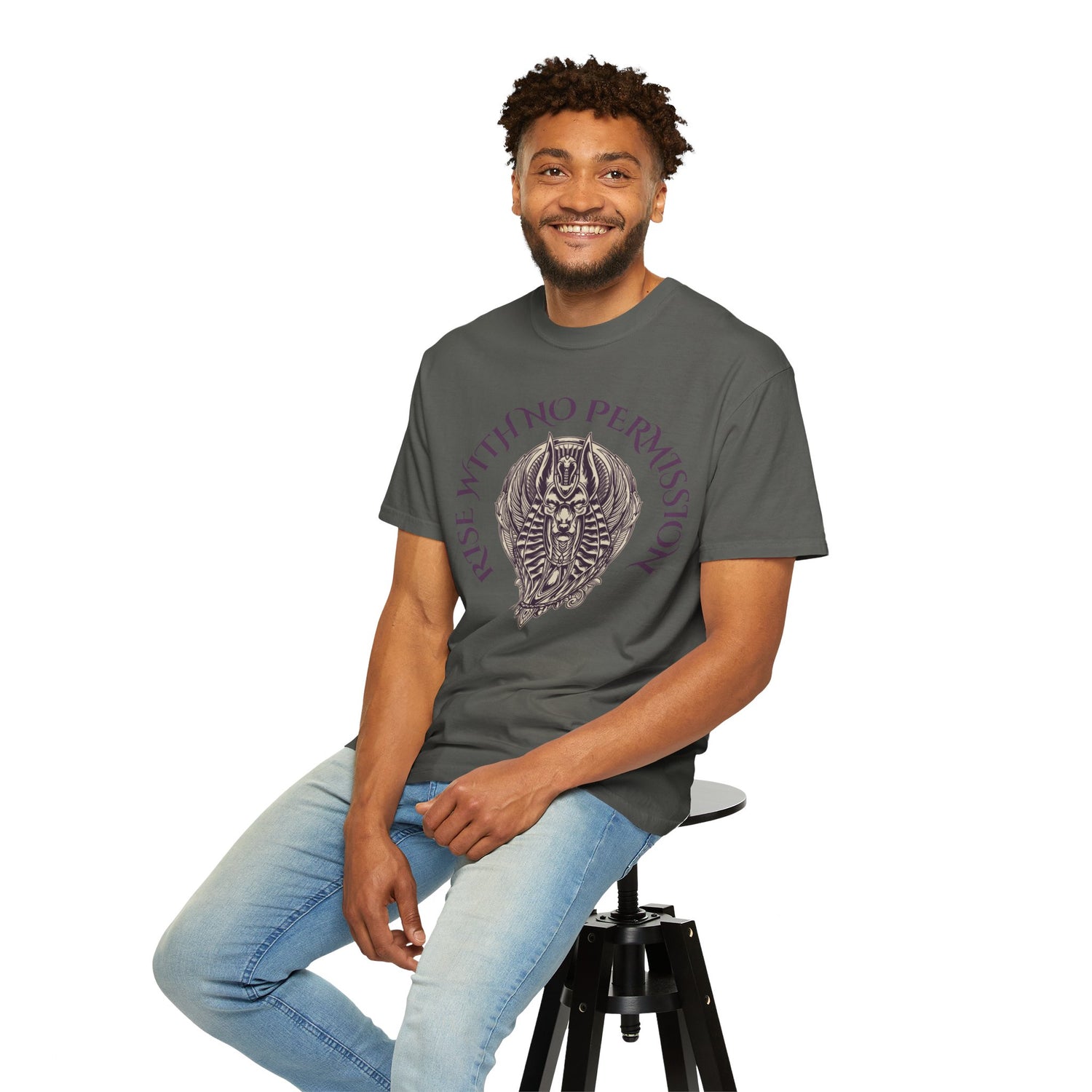 Rise With No Permission T-Shirt — Anubis Helmet Graphic Tee (“Your Song Is Your Spell”)