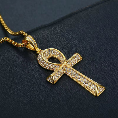 Iced Ankh Cross Pendant Stainless Steel Necklace with Full Crystal Detailing (Unisex)