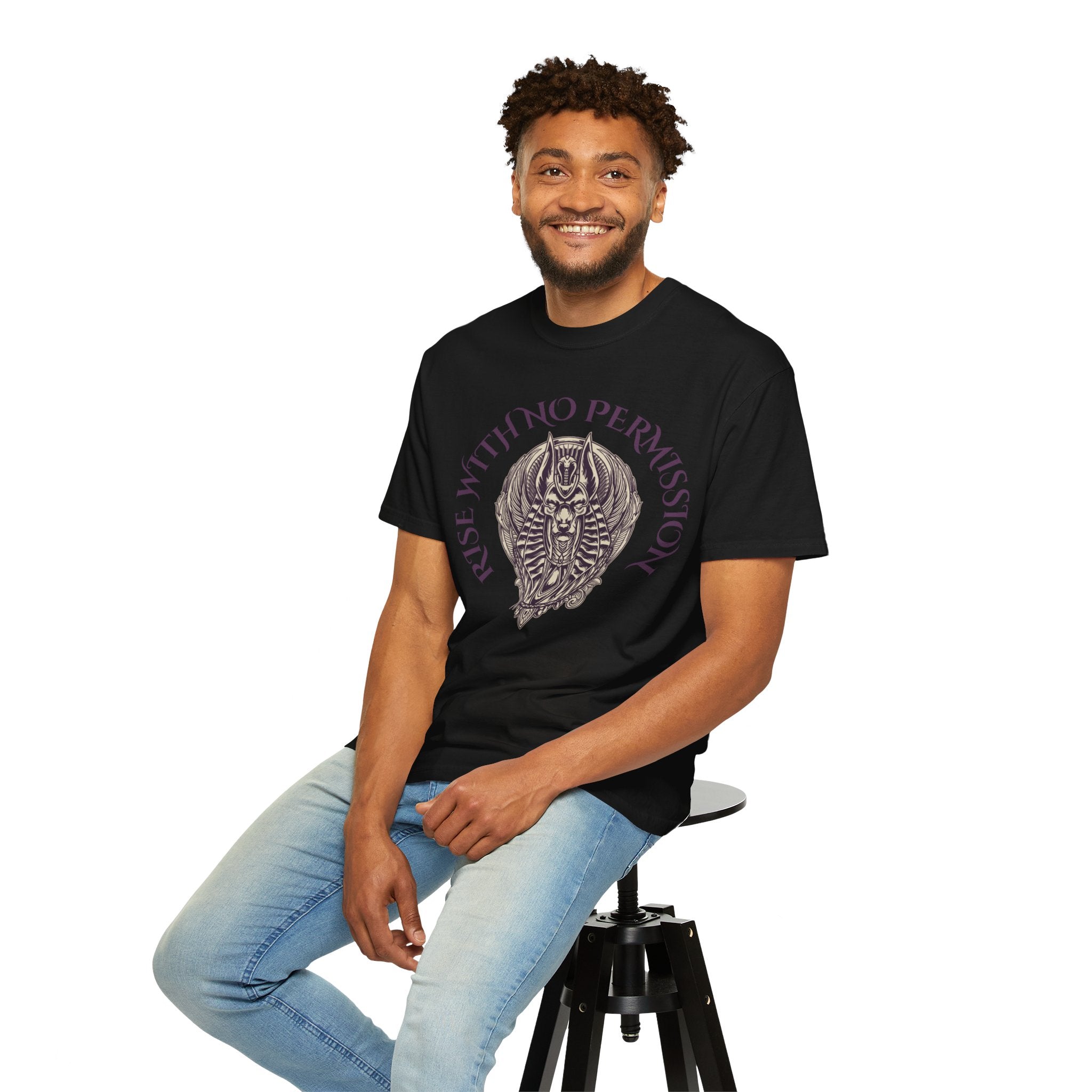 Rise With No Permission T-Shirt — Anubis Helmet Graphic Tee (“Your Song Is Your Spell”)