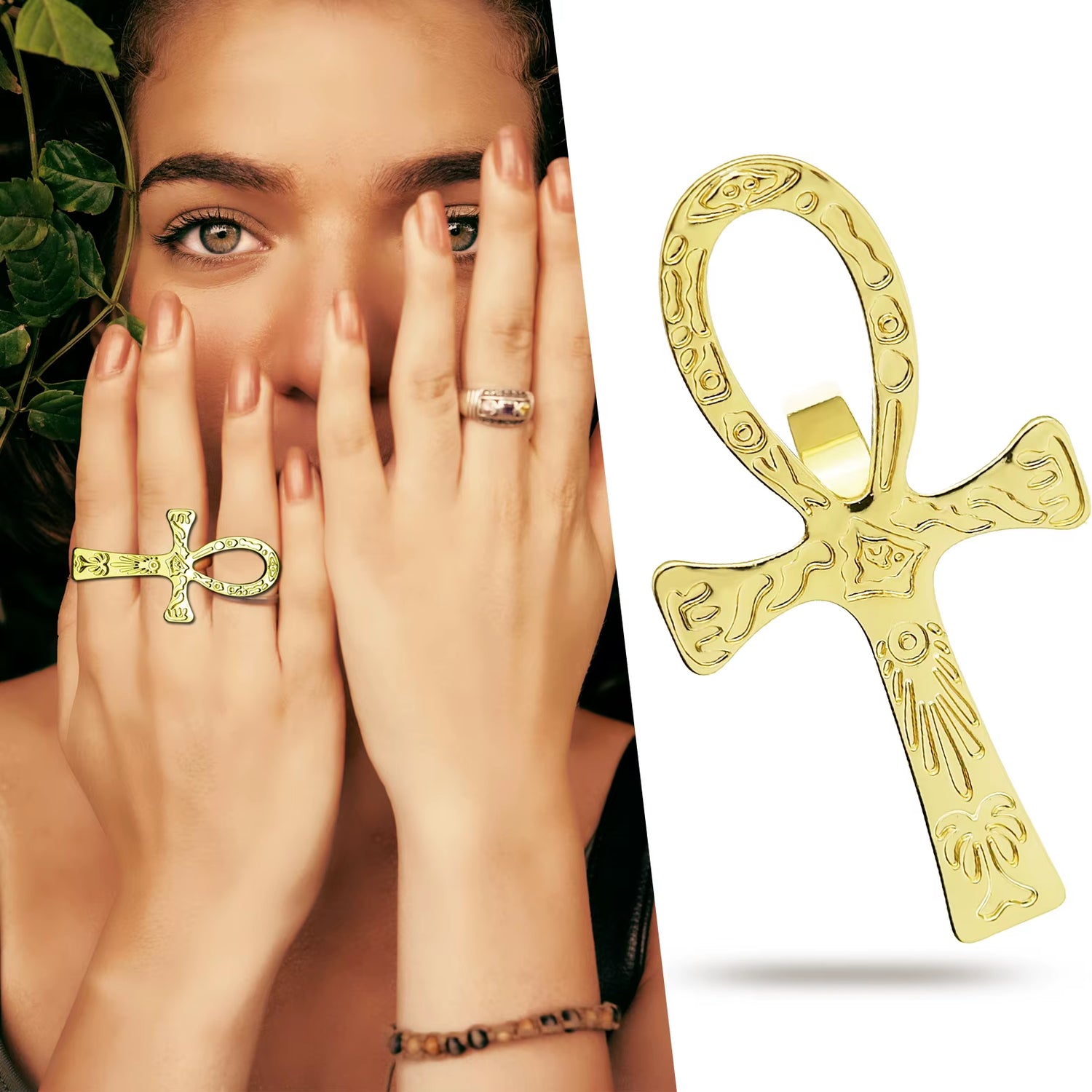 Carved Ankh Band Ring Adjustable Vintage Finish | Symbol of Life