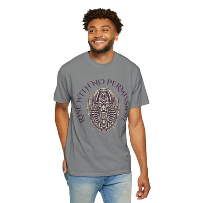 Rise With No Permission T-Shirt — Anubis Helmet Graphic Tee (“Your Song Is Your Spell”)