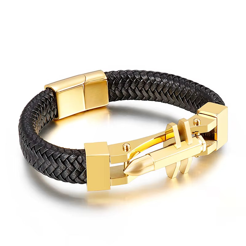 Black Leather &amp; Steel Bracelet 316L Stainless Steel Clasp | Structured Men’s Wristband