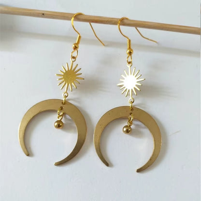 Celestial Crescent Drop Earrings Sun &amp; Moon Brass Statement